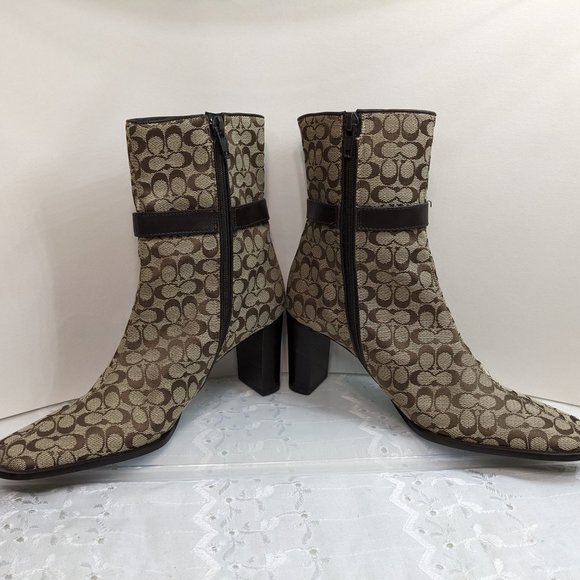 Coach Khaki & Brown Jacquard Signature Logo Bibi Mid Calf Boots - size 5.5M NWT